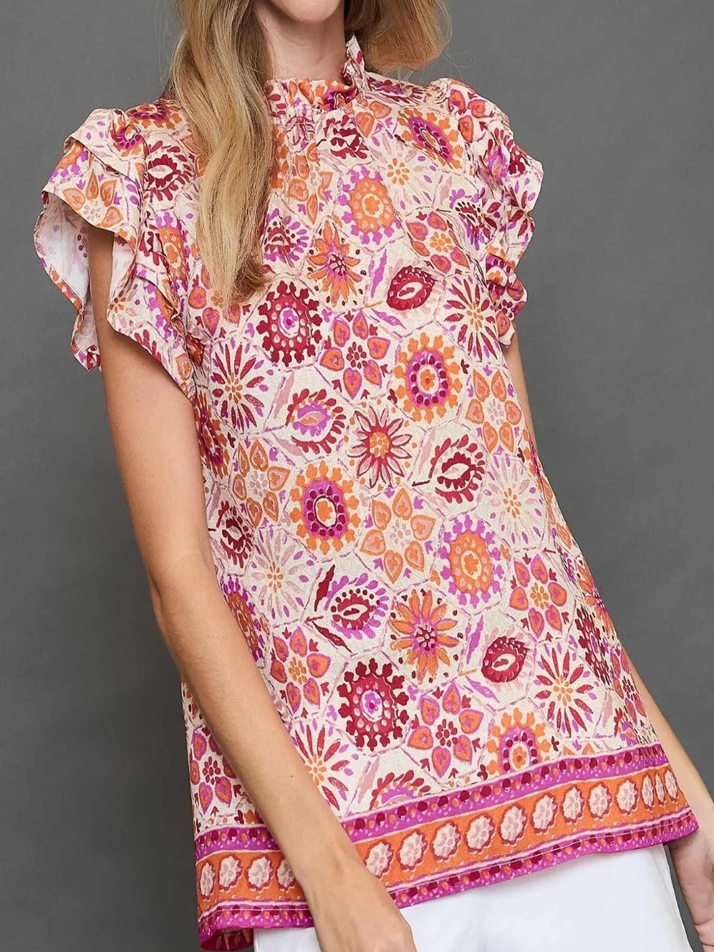 Floral Ruffle Sleeve Women’s Top in Pink & Orange